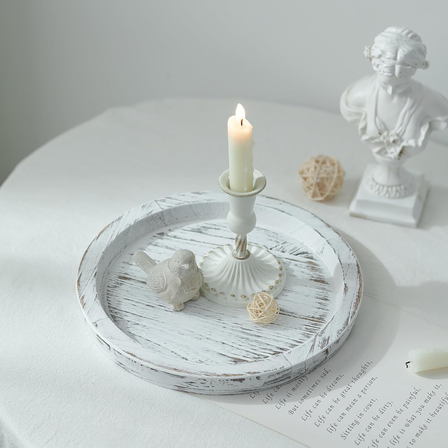 Rustic White Wood Round Decorative Tray for Coffee Table Pillar Candle Holder Rustic White Wood Round Decorative Tray for Coffee Table Pillar Candle Holder