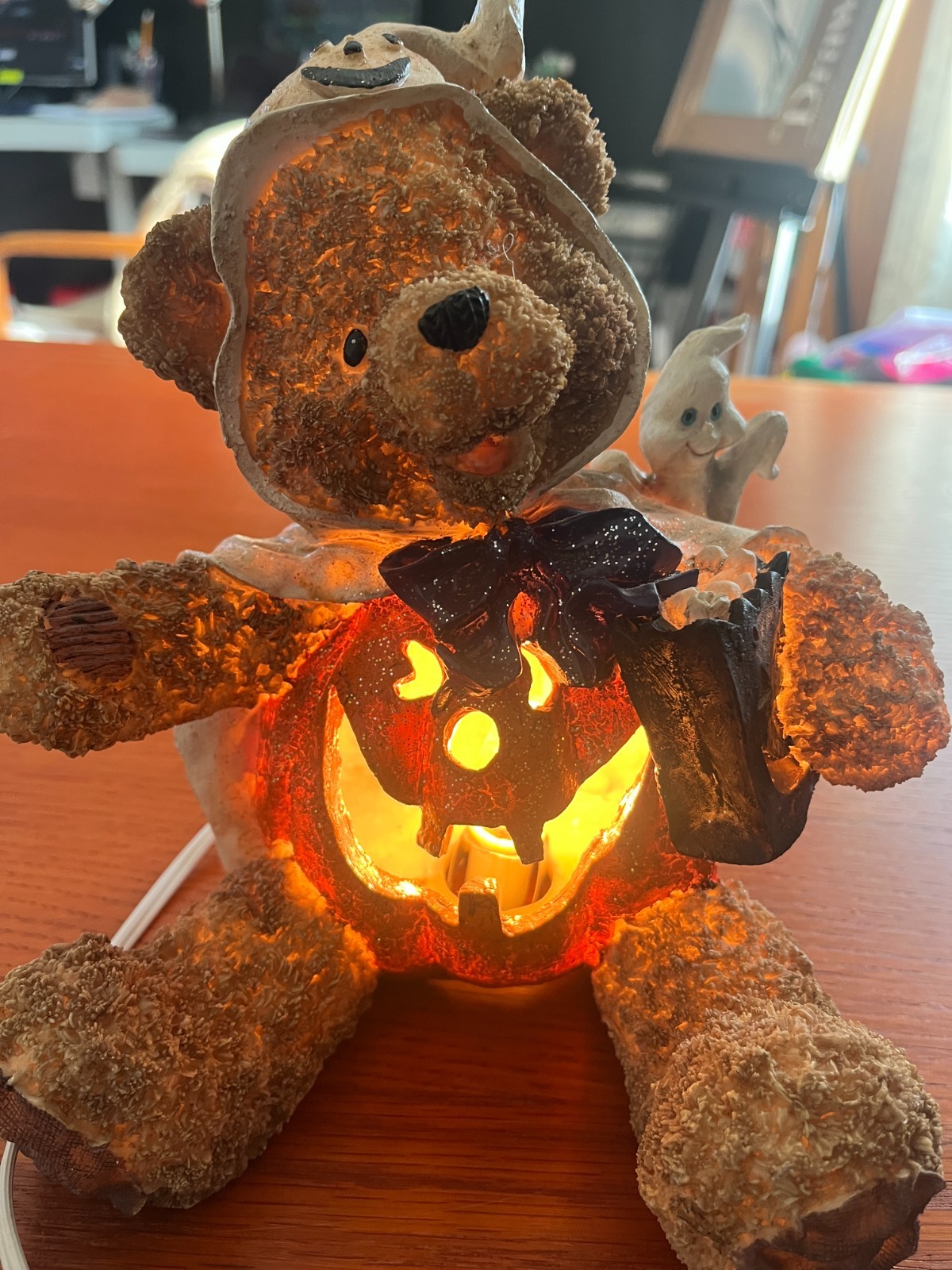 Vintage Oxford Elite Y2K Light-Up Halloween Teddy Bear & Jack-O-Lantern Figurine