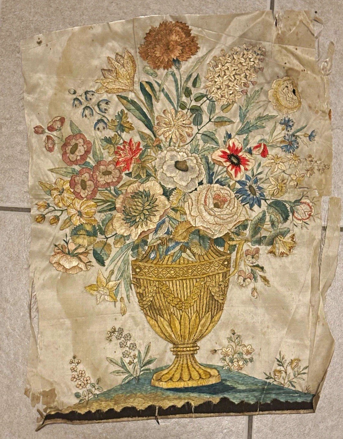 18th/19th Century Silk Embroidery Floral Urn Panel – Hand Embroidered Silkwork 18th/19th Century Silk Embroidery Floral Urn Panel – Hand Embroidered Silkwork