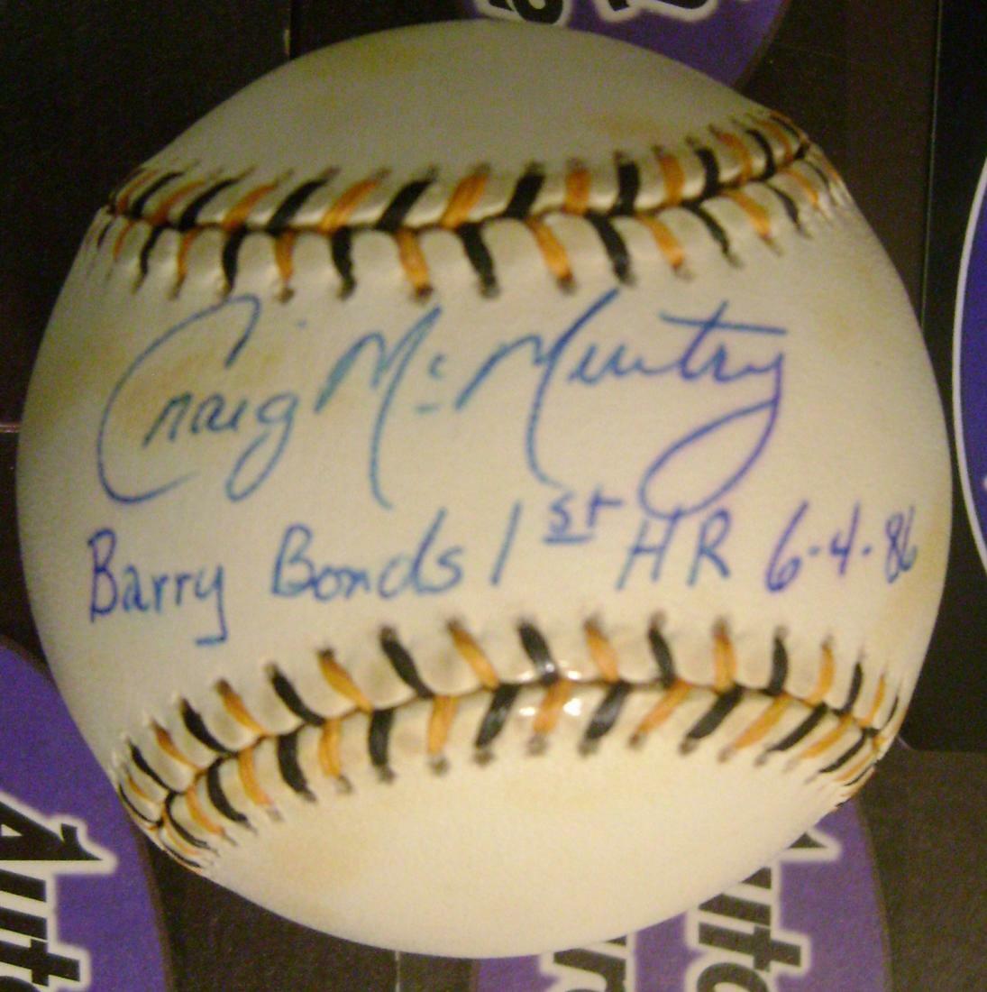 Craig McMurtry autographed Baseball inscribed Barry Bonds 1st HR 86 Yellowed