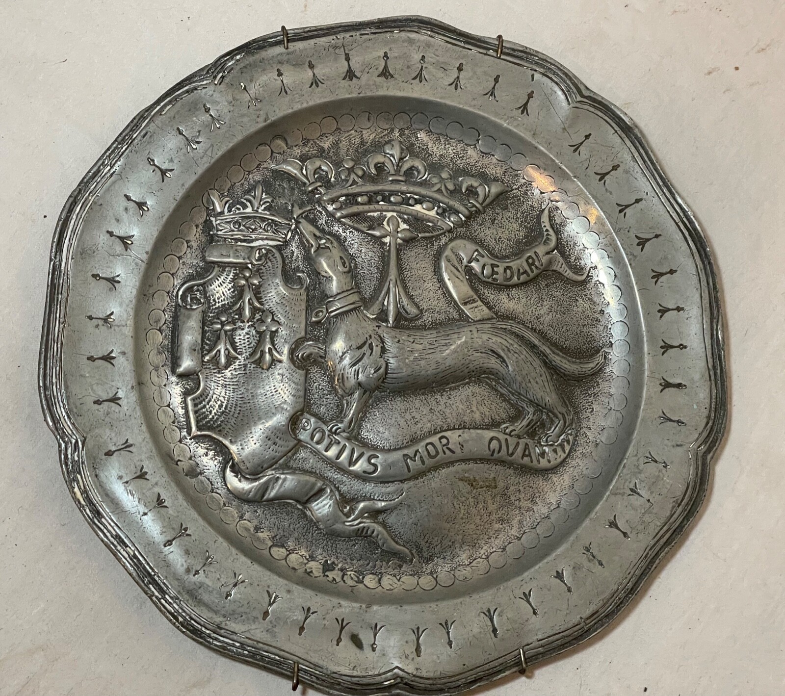 antique 18th century tooled Latin handmade armorial pewter plaque relief plate antique 18th century tooled Latin handmade armorial pewter plaque relief plate