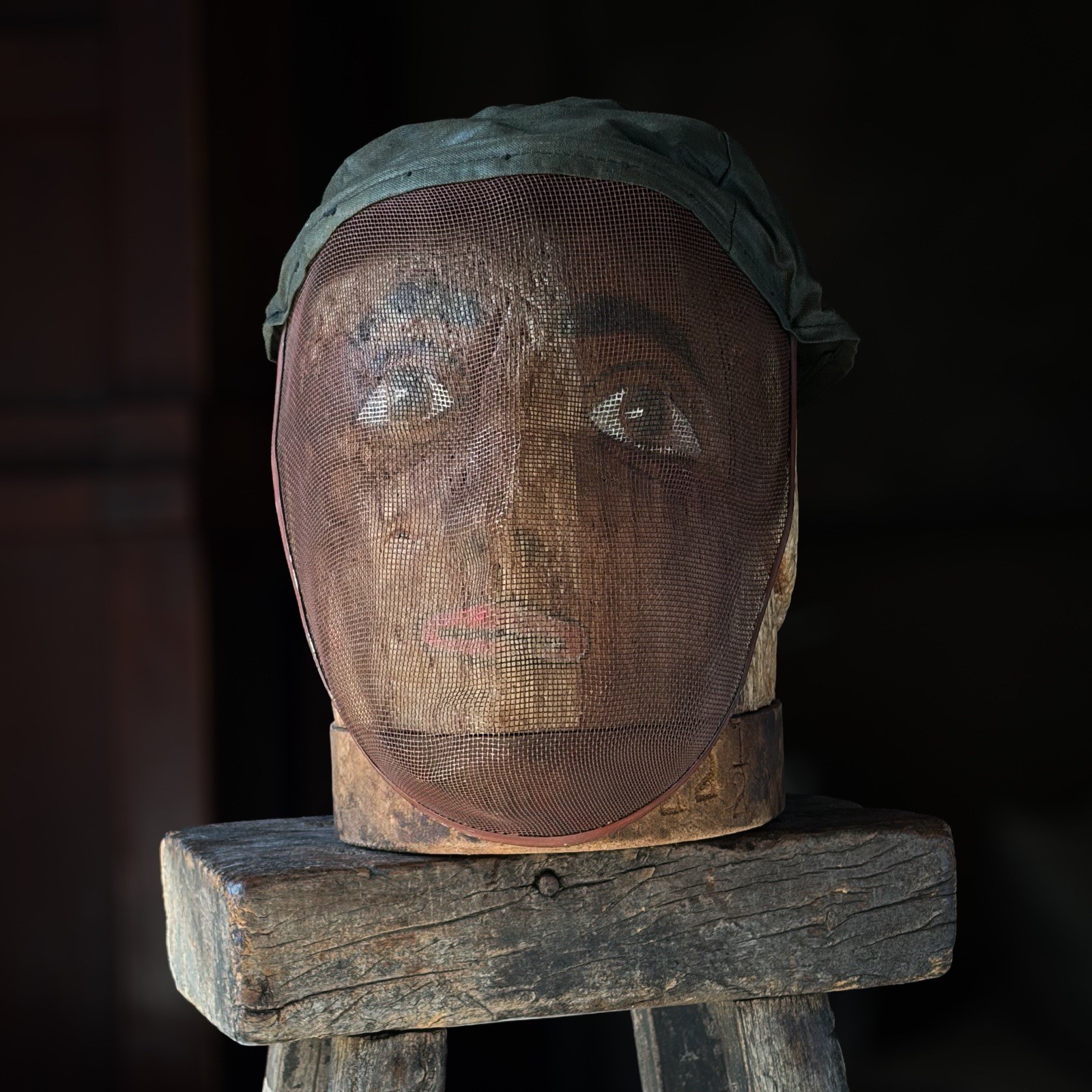 Antique Odd Fellows Ceremonial Mesh Wire Mask c.1900 With Head Cap Hand Painted Antique Odd Fellows Ceremonial Mesh Wire Mask c.1900 With Head Cap Hand Painted