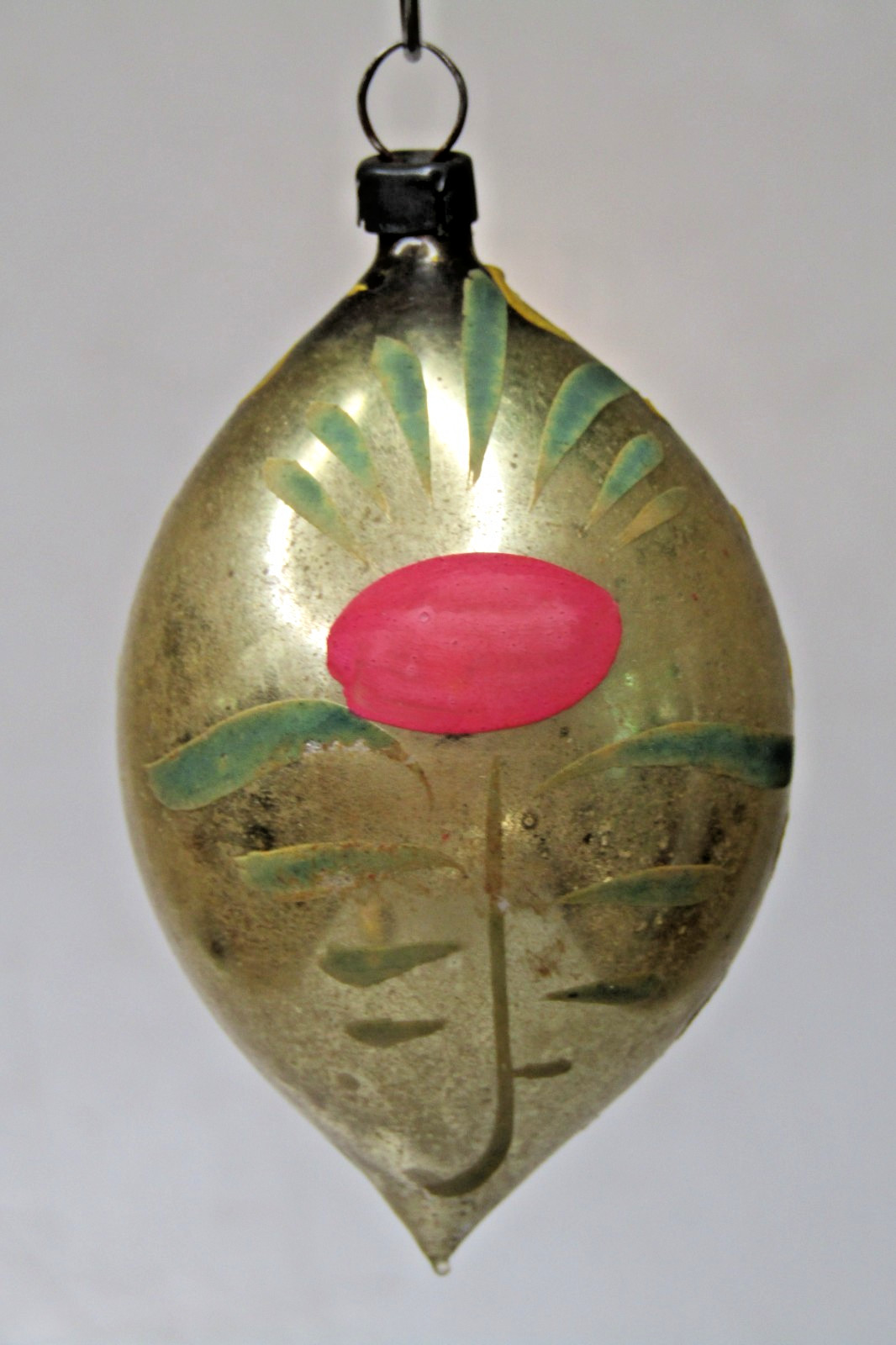 VTG pre WWII Glass RED FLOWER Gold Pictured DROP Christmas Ornament HEIM
