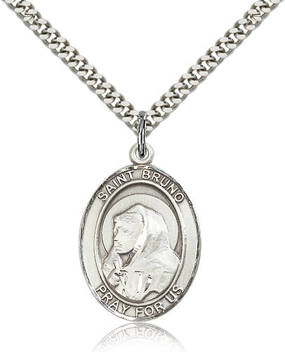 Saint Bruno Medal For Men - .925 Sterling Silver Necklace On 24 Chain - 30 D...