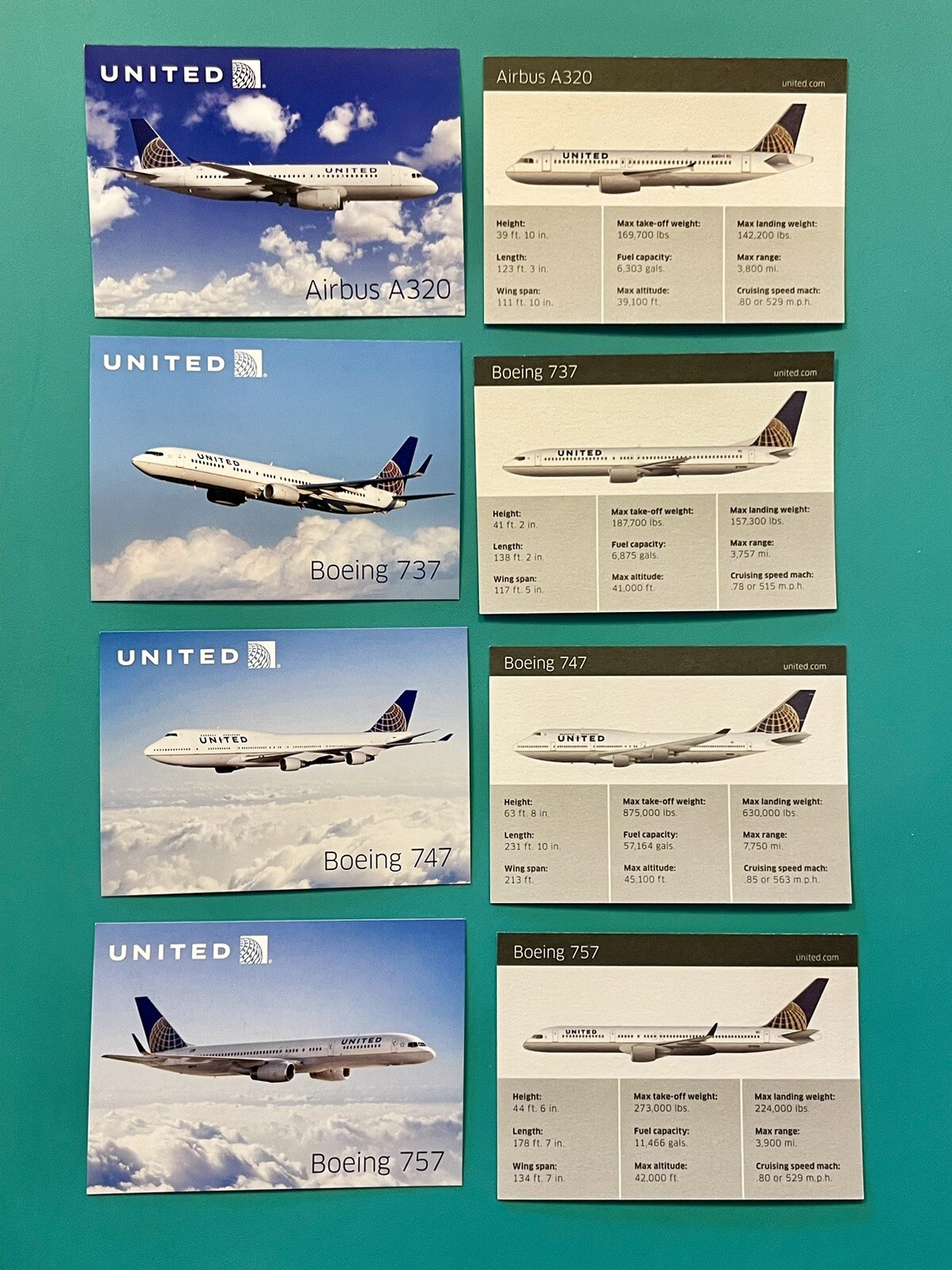 7 UNITED AIRLINES FLEET COLLECTORS CARDS INCLUDING THE 747 7 UNITED AIRLINES FLEET COLLECTORS CARDS INCLUDING THE 747