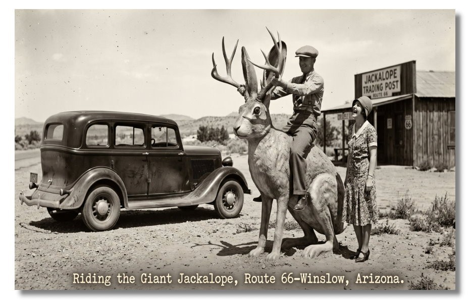 Vintage‑STYLE NEW ART 1930's RPPC-RIDING THE JACKALOPE-ROUTE 66-WINSLOW--FAUX Vintage‑STYLE NEW ART 1930's RPPC-RIDING THE JACKALOPE-ROUTE 66-WINSLOW--FAUX