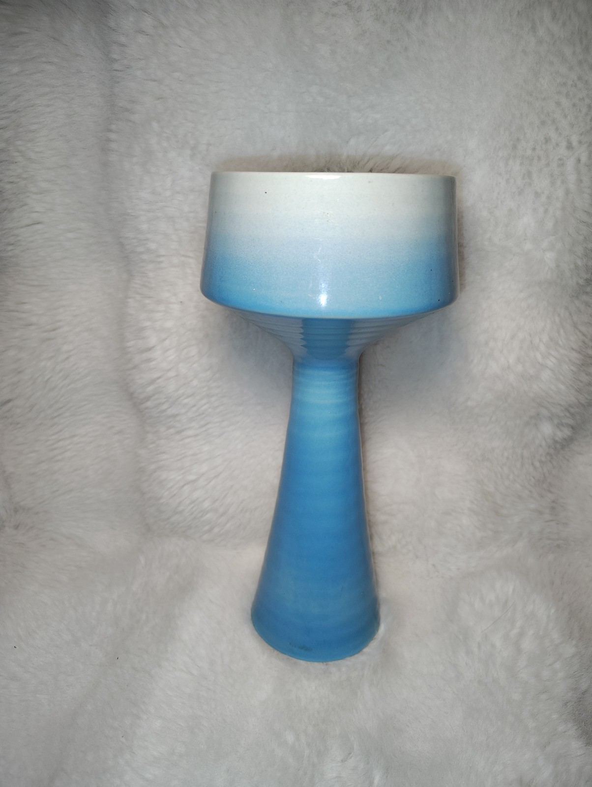 JAPANESE SUIBAN PEDESTAL BOWL VASE BLUE/CREME SWIRL 9.5
