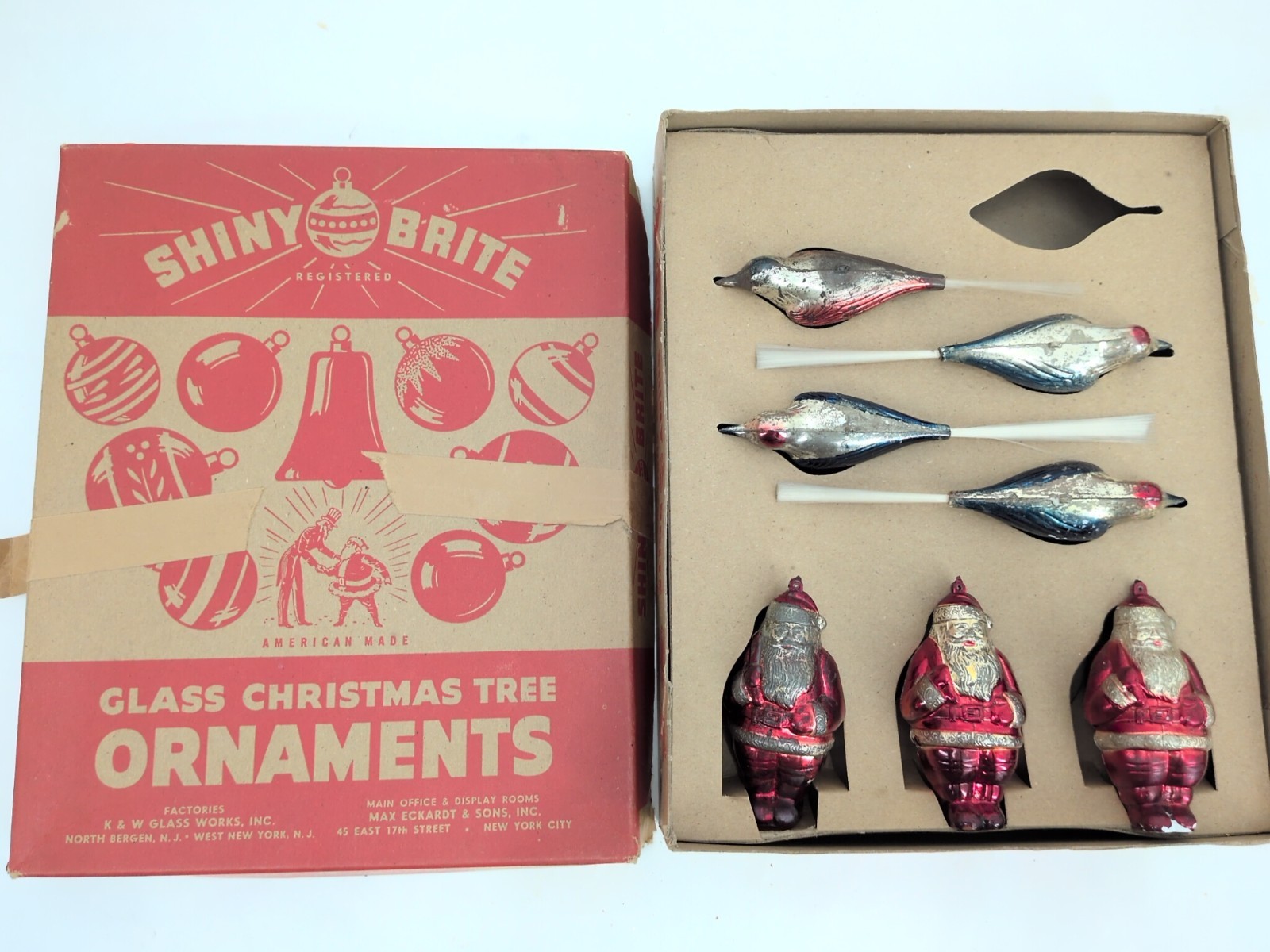 EXTREMELY RARE 1948 Shiny Brite Christmas Ornaments Plastic Santa Birds In Box EXTREMELY RARE 1948 Shiny Brite Christmas Ornaments Plastic Santa Birds In Box