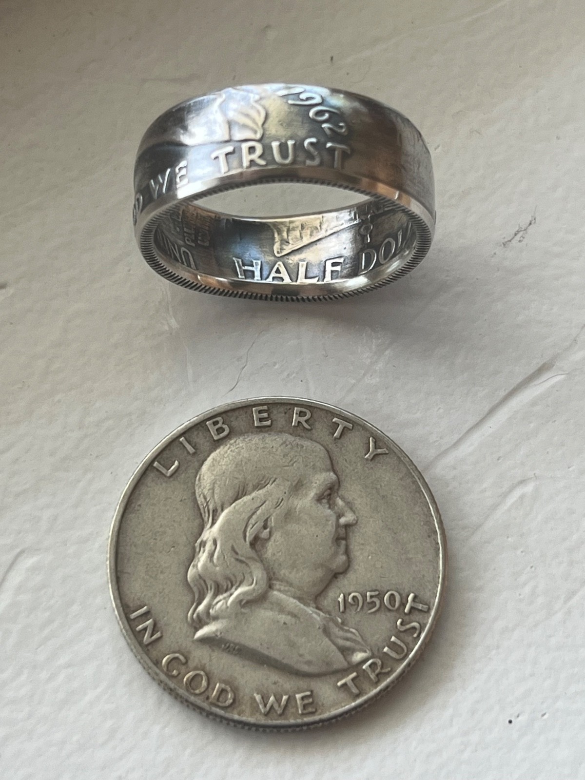 Franklin Half Dollar Ring - IN GOD WE TRUST - 90% Silver. U Pick Size & Year Franklin Half Dollar Ring - IN GOD WE TRUST - 90% Silver. U Pick Size & Year