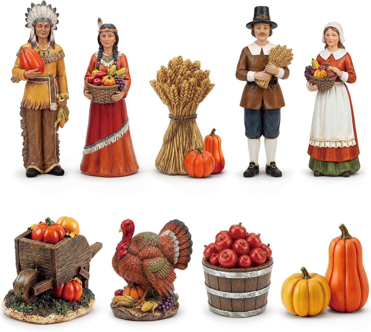 9 Pcs Thanksgiving Pilgrim Figurines Autumn Wooden Village Decor