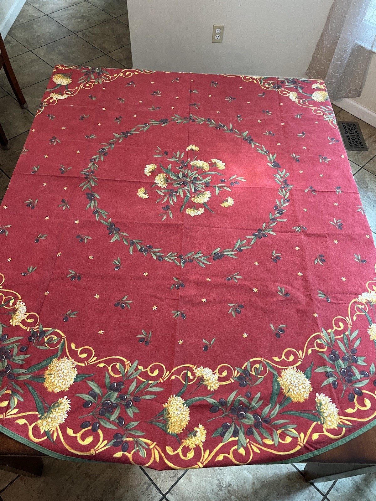 French Provincial Round Tablecloth Burgundy Olive Branches And Mum Flowers French Provincial Round Tablecloth Burgundy Olive Branches And Mum Flowers