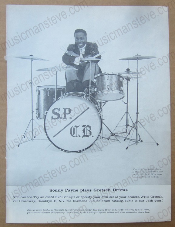 original 1958 GRETSCH DRUMS print ad - SONNY PAYNE & his Gretsch drum kit original 1958 GRETSCH DRUMS print ad - SONNY PAYNE & his Gretsch drum kit