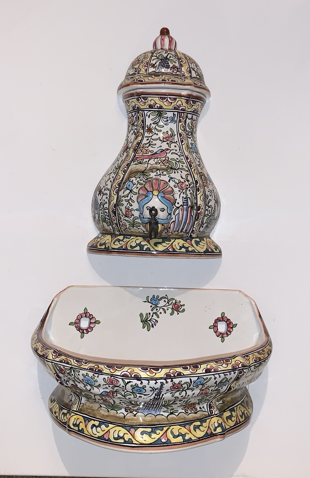 Three Piece Hand Painted Artisanal Ceramic Portuguese Fountain W Lid & Spigot