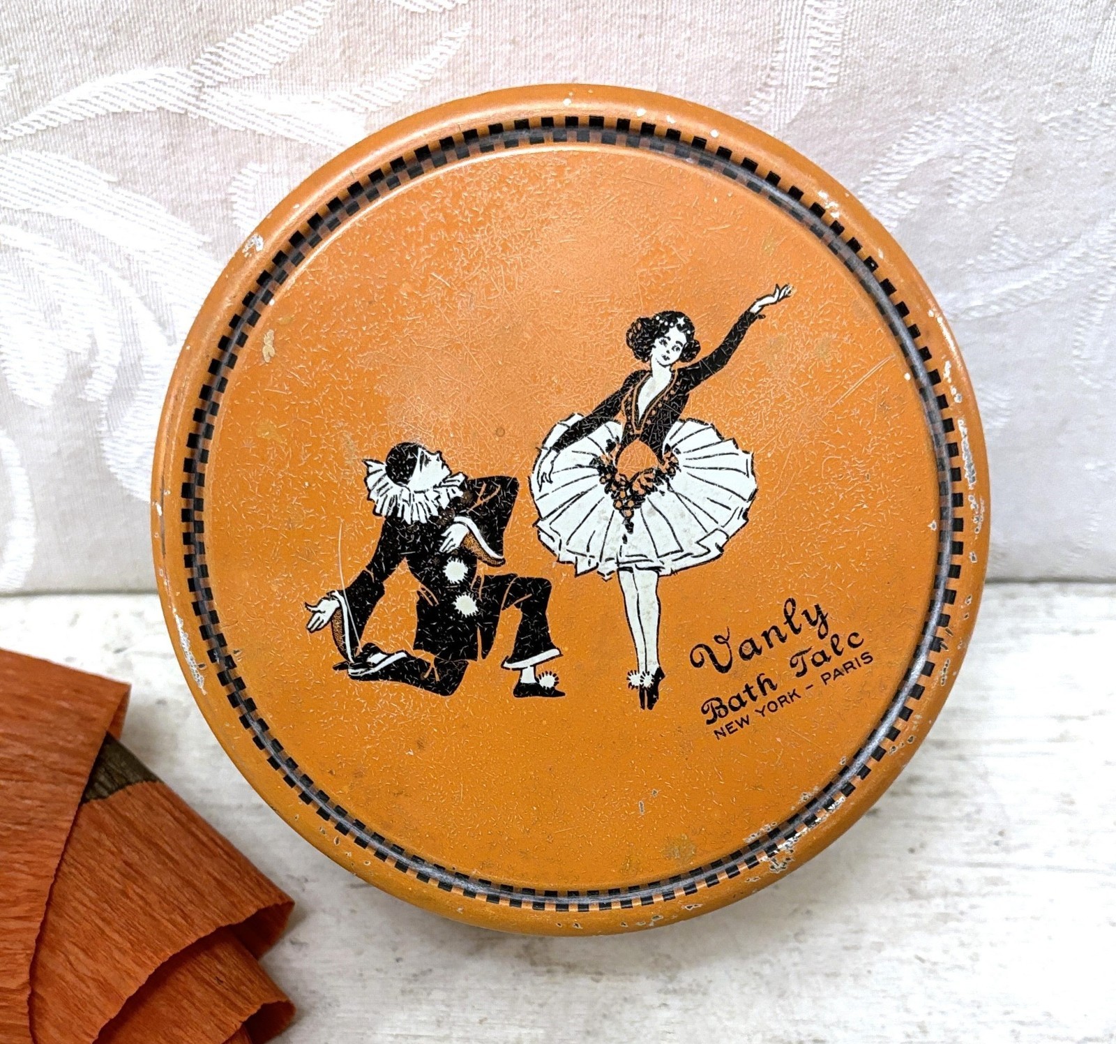 Rare Small Antique Powder Tin Halloween Colors Costume Ball Pierrot Vintage