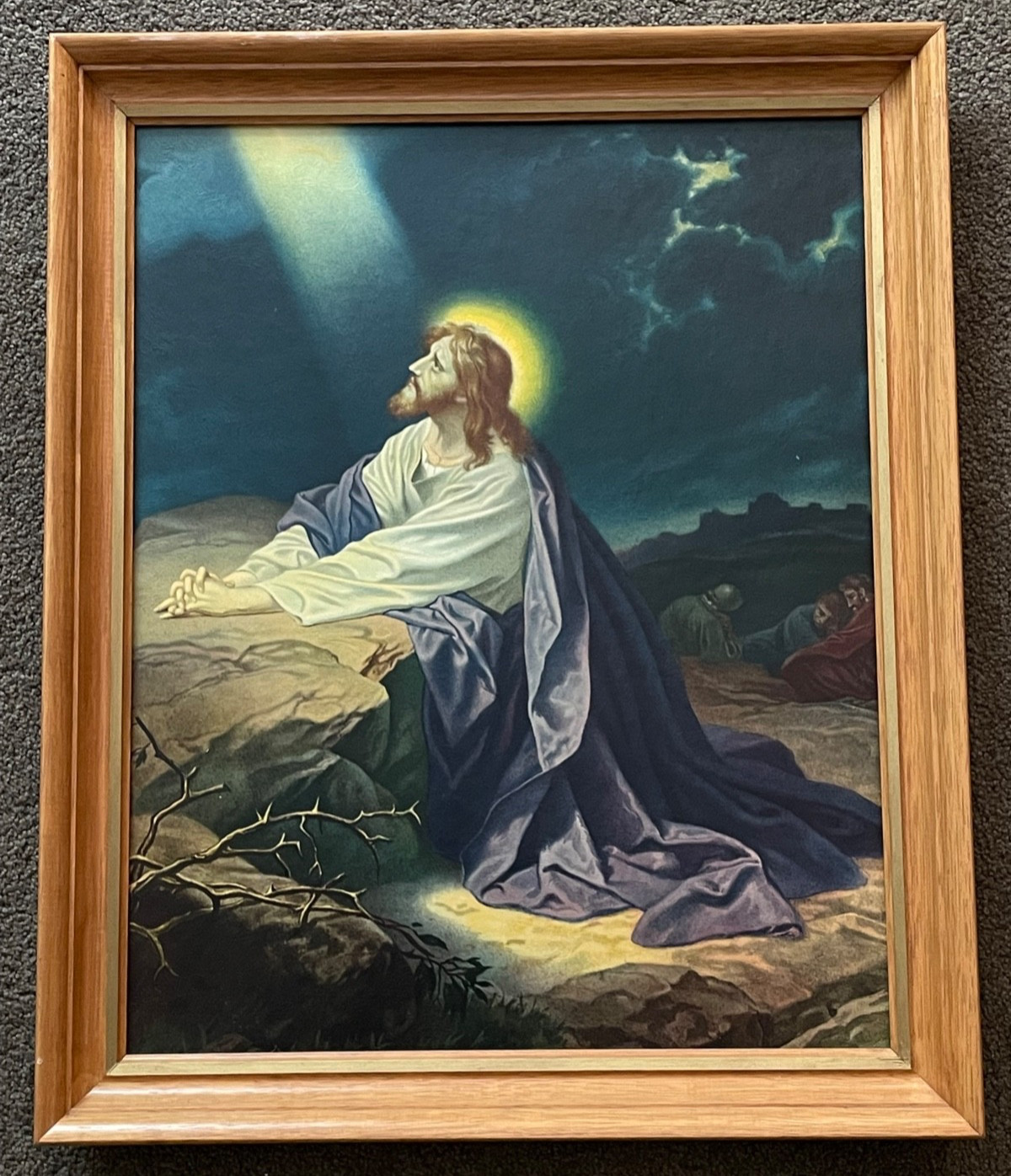 Vtg framed Litho print Jesus praying at the rock Gethsemane religious Art 19x23 Vtg framed Litho print Jesus praying at the rock Gethsemane religious Art 19x23