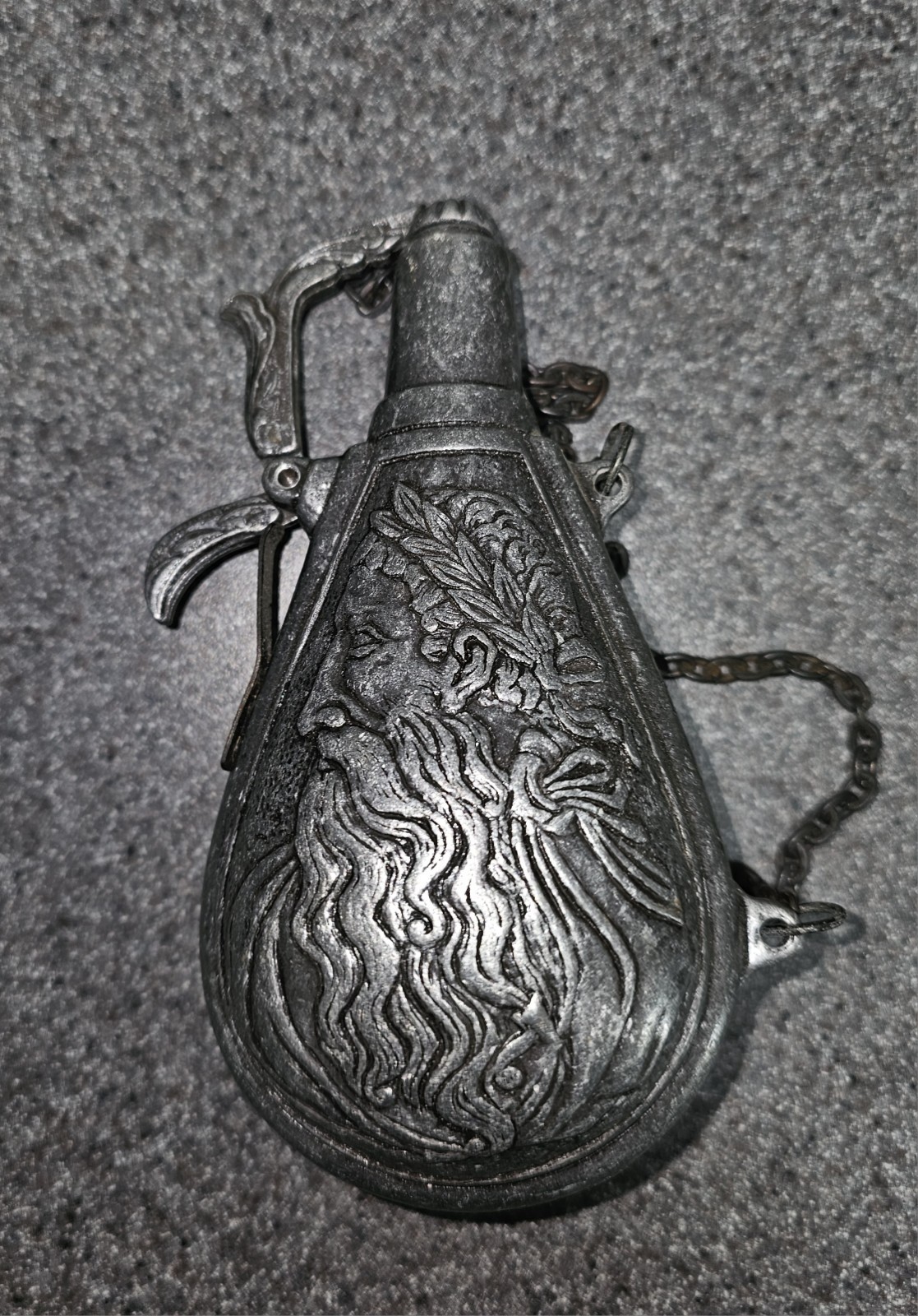 Rare Antique French Pewter Powder Flask, Metal, with Zeus & Greek Goddess Rare Antique French Pewter Powder Flask, Metal, with Zeus & Greek Goddess