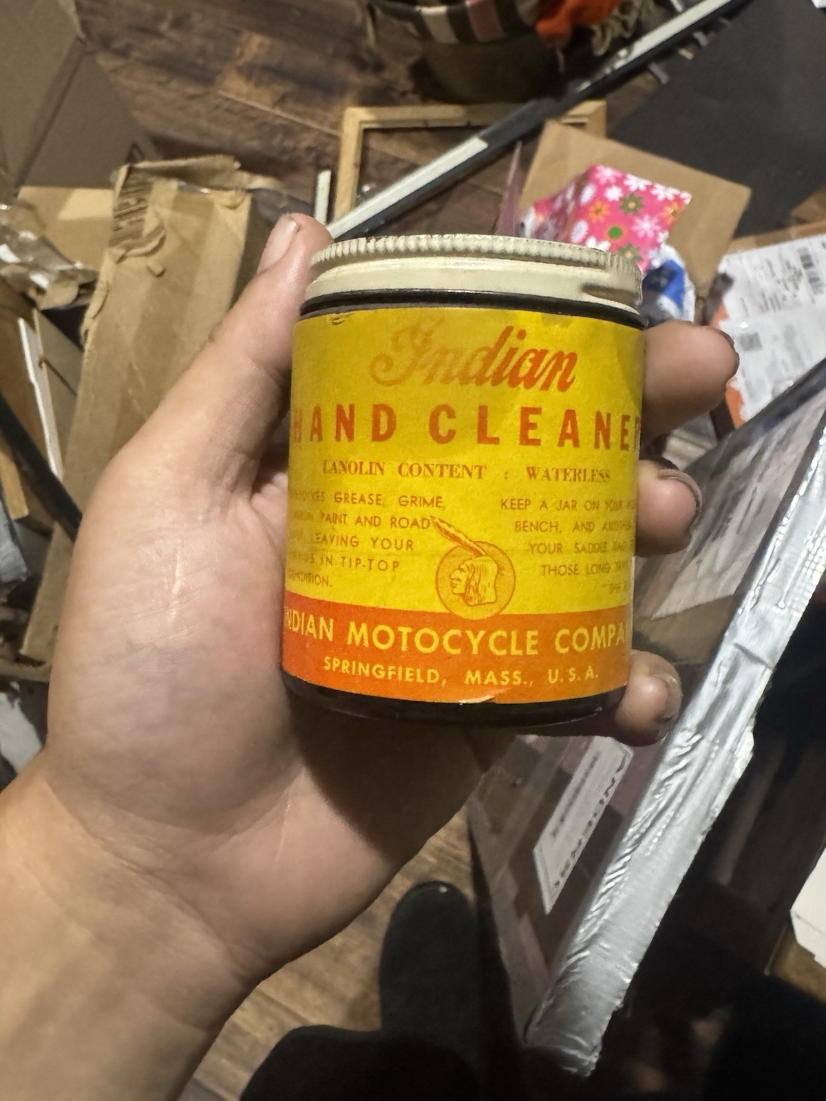 Rare Vintage Indian Motorcycle Hand Cleaner Glass Jar Rare Vintage Indian Motorcycle Hand Cleaner Glass Jar