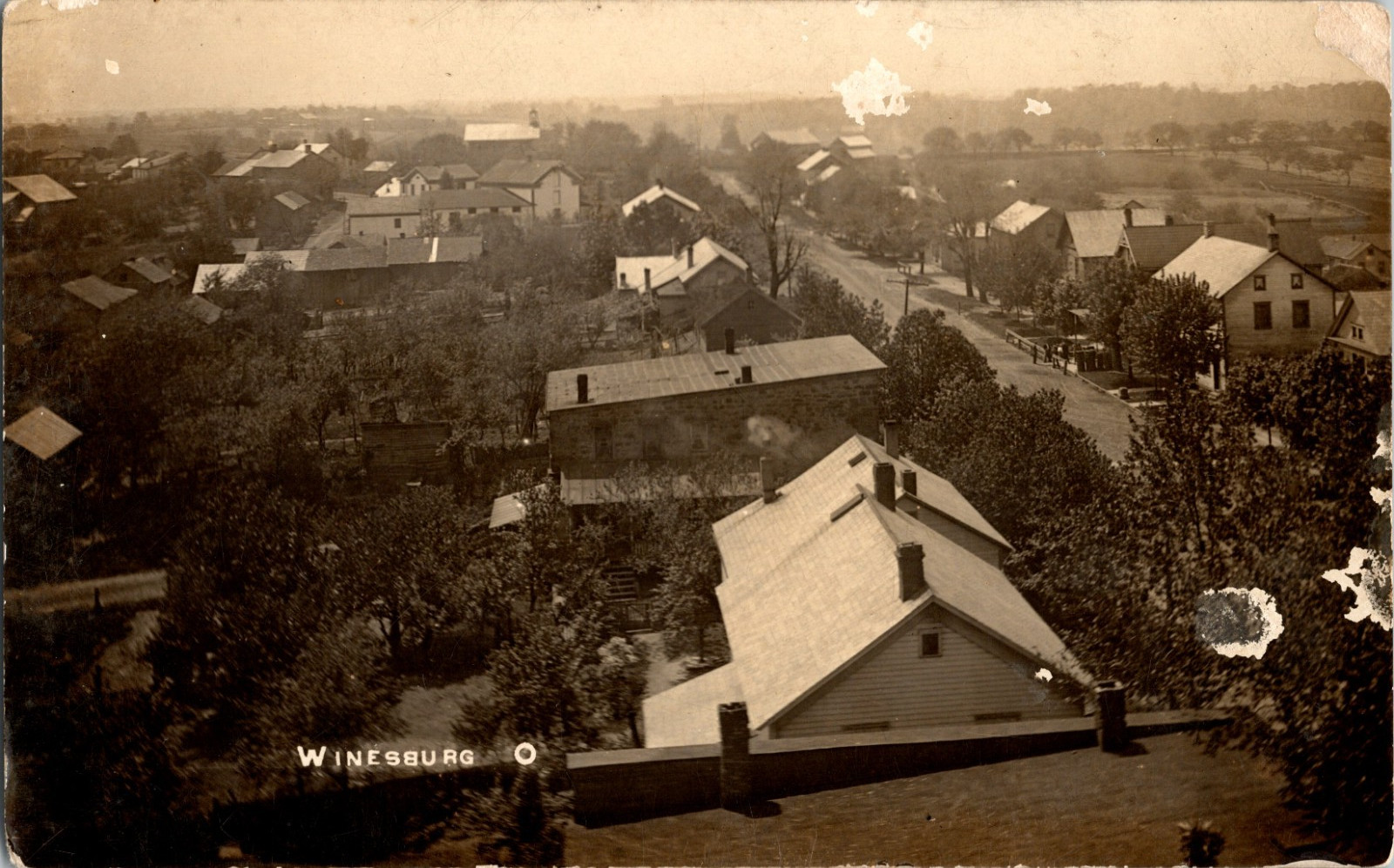 Winesburg Ohio RPPC Birds Eye Town View 1910 Harbaugh Canal Dover Photo Postcard