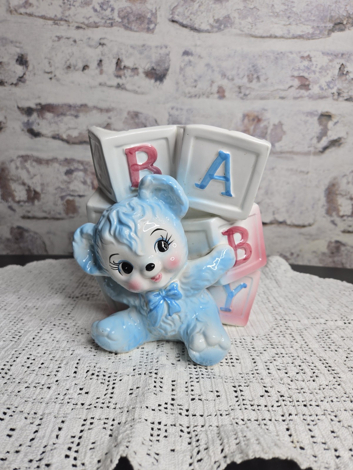 Vintage 1960s Blue Baby Block & Bear Vase/Planter