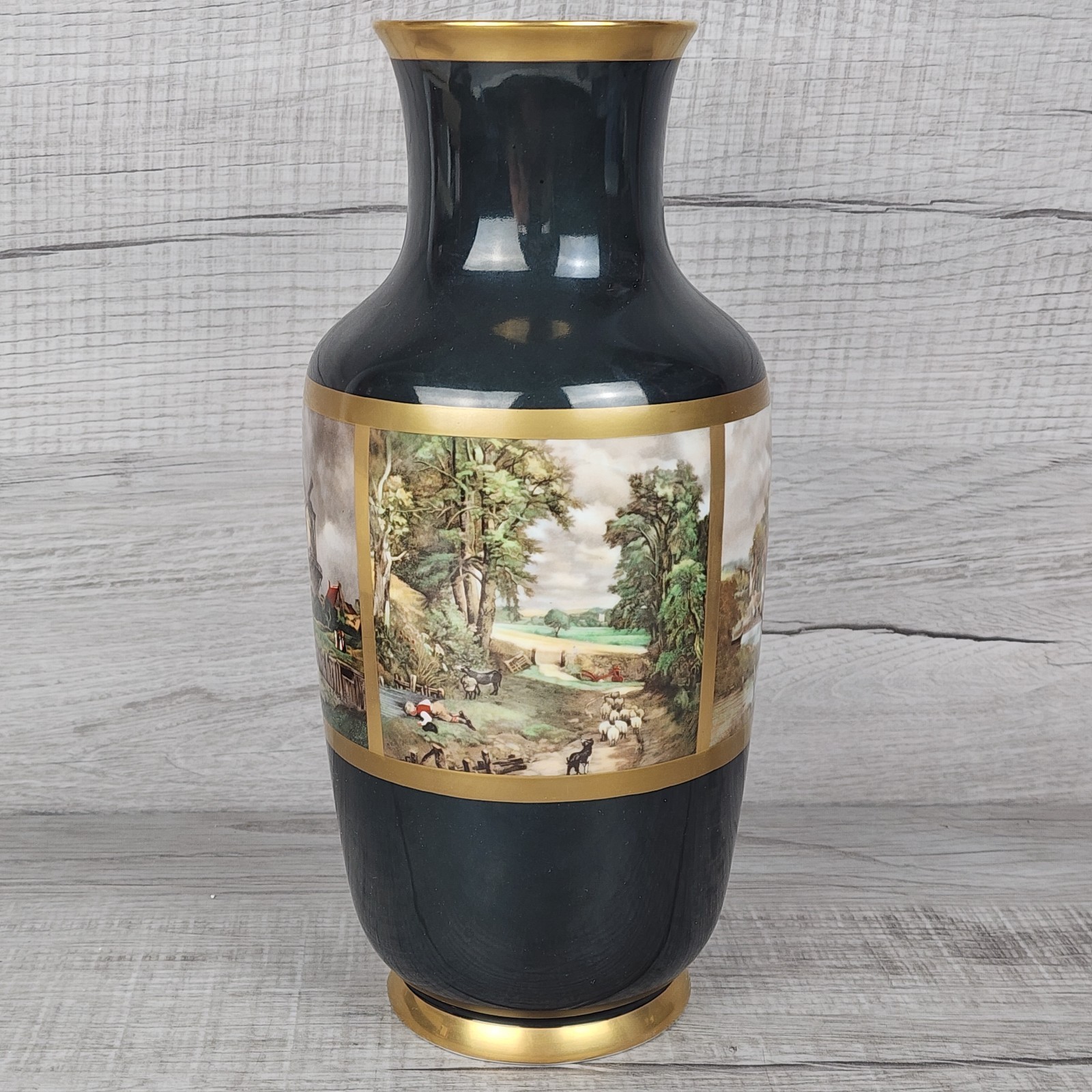 Gerold Porzellan Bavaria Black Gold Vase Country Landscape Scene Romantic 12-in Gerold Porzellan Bavaria Black Gold Vase Country Landscape Scene Romantic 12-in