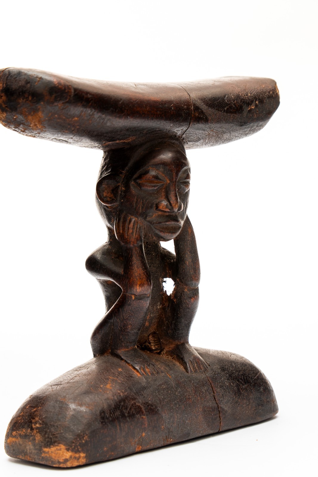 African Figural Headrest, Crouching Figure, DR Congo Luba/Songye/Chokwe Style African Figural Headrest, Crouching Figure, DR Congo Luba/Songye/Chokwe Style