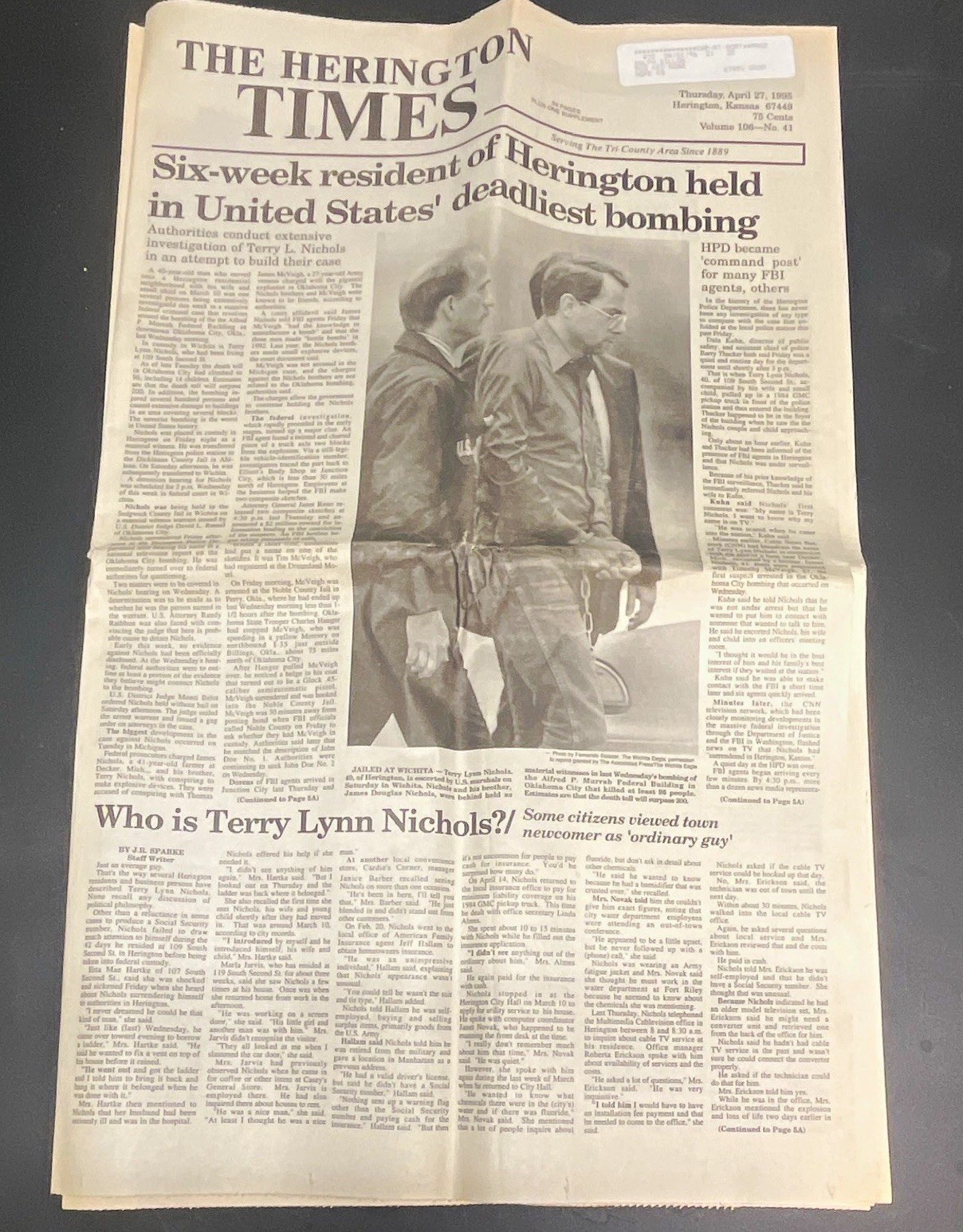 Vintage 1995 Newspaper Oklahoma City Bombing Terry Nichols Herington Times OKC Vintage 1995 Newspaper Oklahoma City Bombing Terry Nichols Herington Times OKC