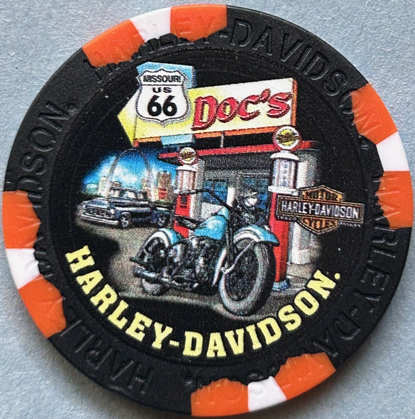 Harley Davidson Wide Print Poker Chip Doc's HD in St Louis, MO CLOSED (pick 1) Harley Davidson Wide Print Poker Chip Doc's HD in St Louis, MO CLOSED (pick 1)