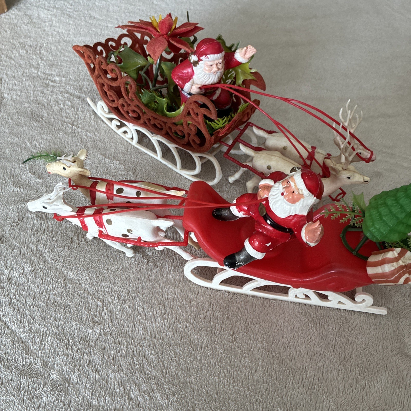 2 Vtg MCM Christmas Blow Mold Santas in Sleigh Reindeer Flocked Sleigh LOT 13” 2 Vtg MCM Christmas Blow Mold Santas in Sleigh Reindeer Flocked Sleigh LOT 13”
