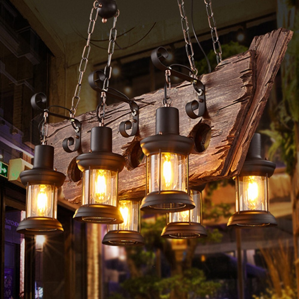 Vintage Wood Chandelier Pirate Ship Pendant Lamp Glass 6-Light Ceiling Fixtures