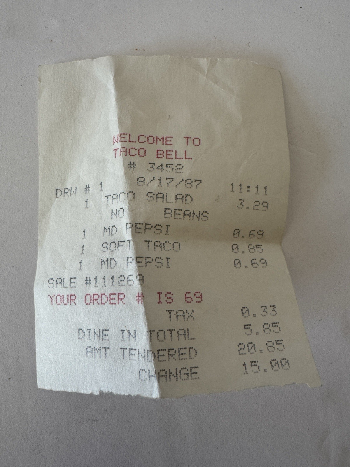 Collectible Vintage 1980s Taco Bell Receipt Move Prop Collector Item 1987 Collectible Vintage 1980s Taco Bell Receipt Move Prop Collector Item 1987