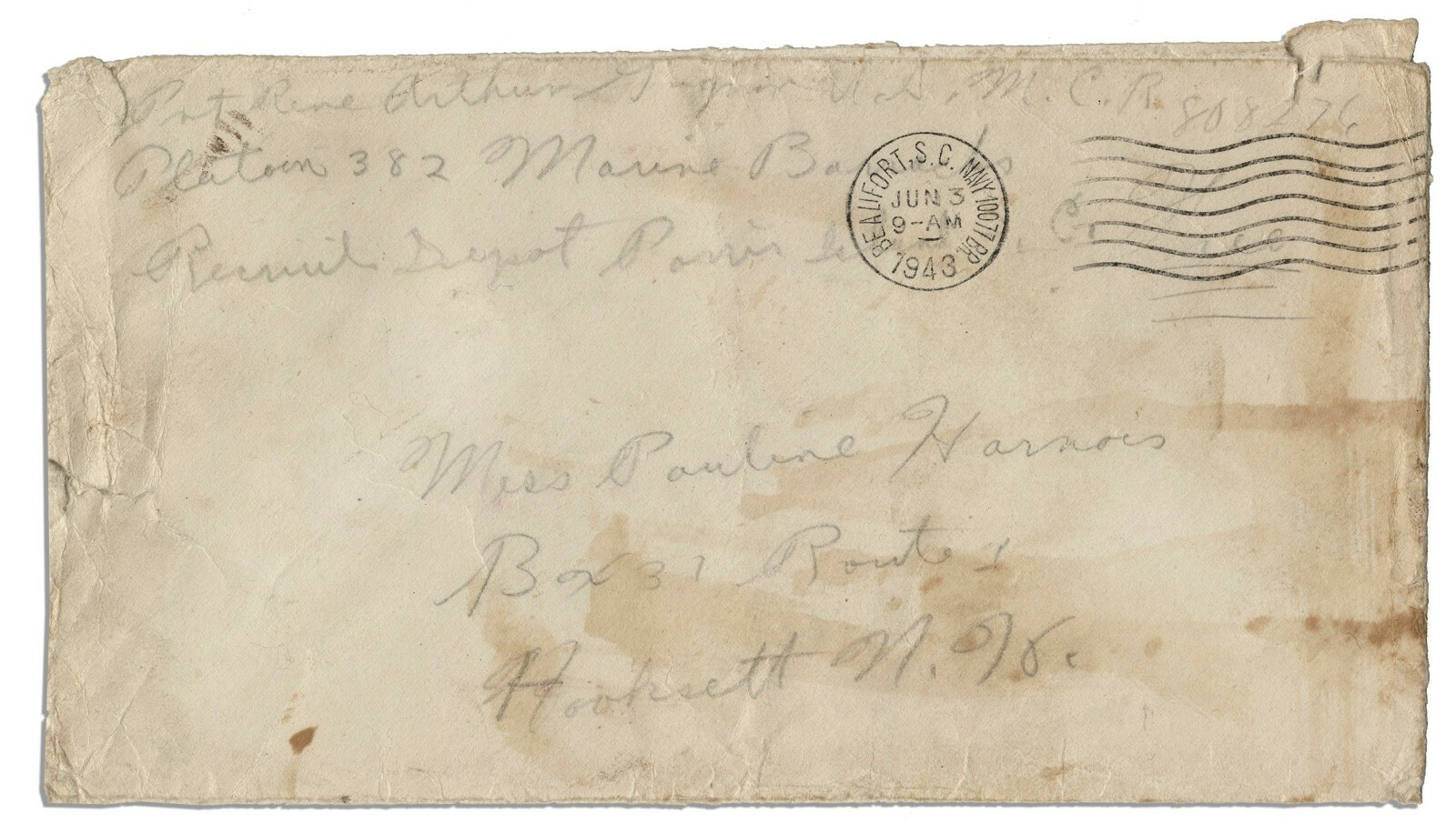 Rene Gagnon Signed Envelope From 1943 While a Marine Rene Gagnon Signed Envelope From 1943 While a Marine