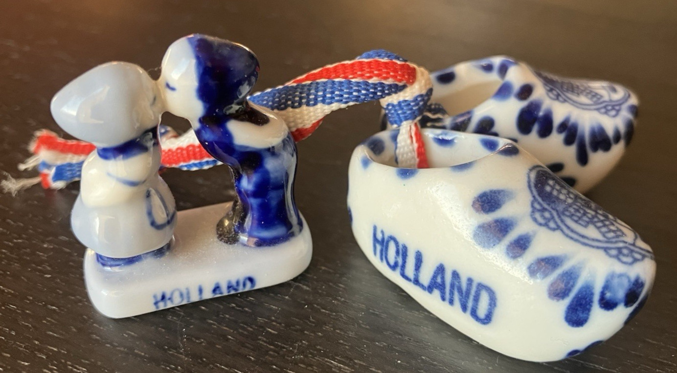 Porcelain Miniature Dutch Clogs Shoes Holland Blue Delft Windmills and Figure Porcelain Miniature Dutch Clogs Shoes Holland Blue Delft Windmills and Figure