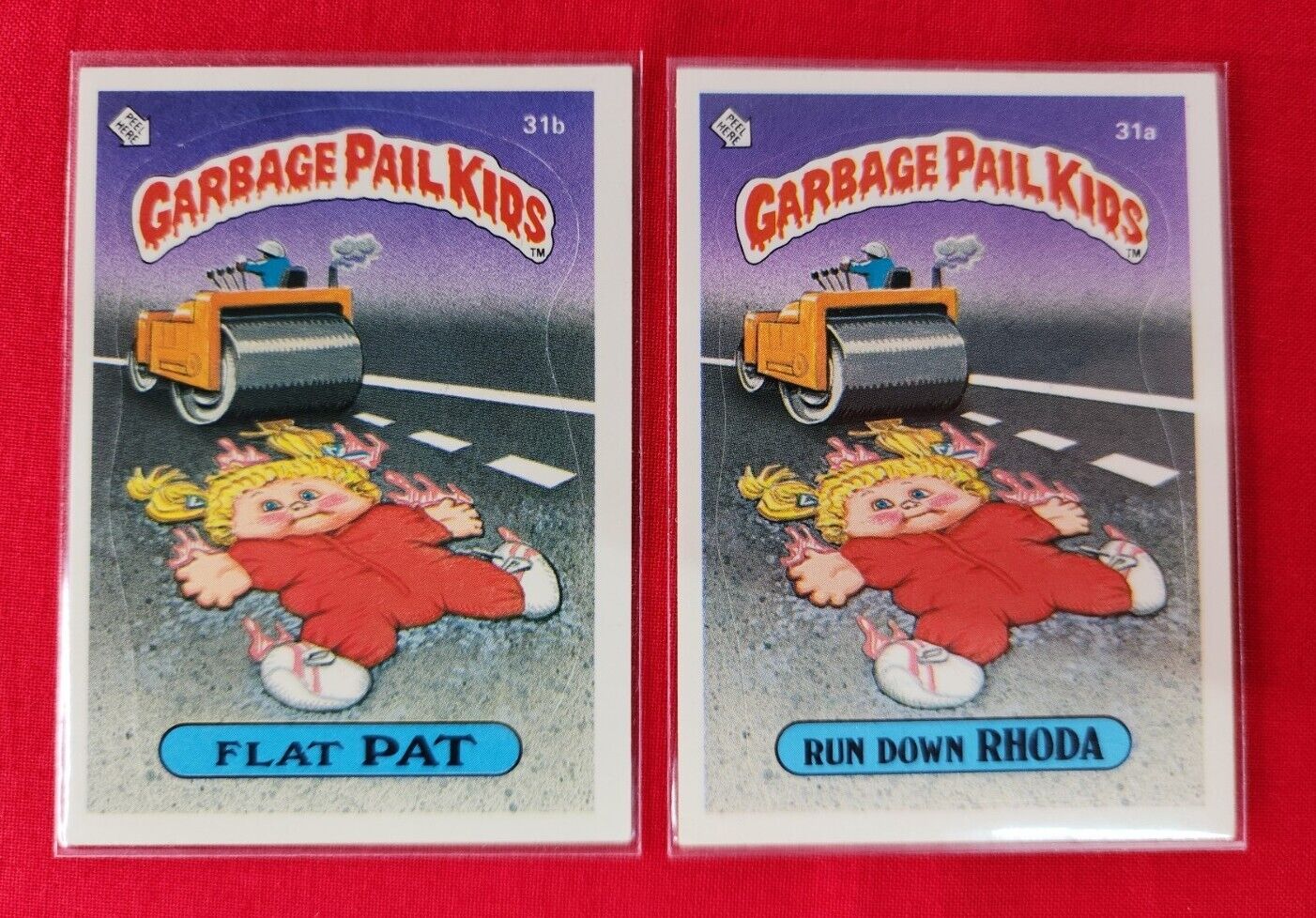 1985 Topps GPK Stickers 31a RUN DOWN RHODA & 31b FLAT PAT Glossy Set - VERY Nice