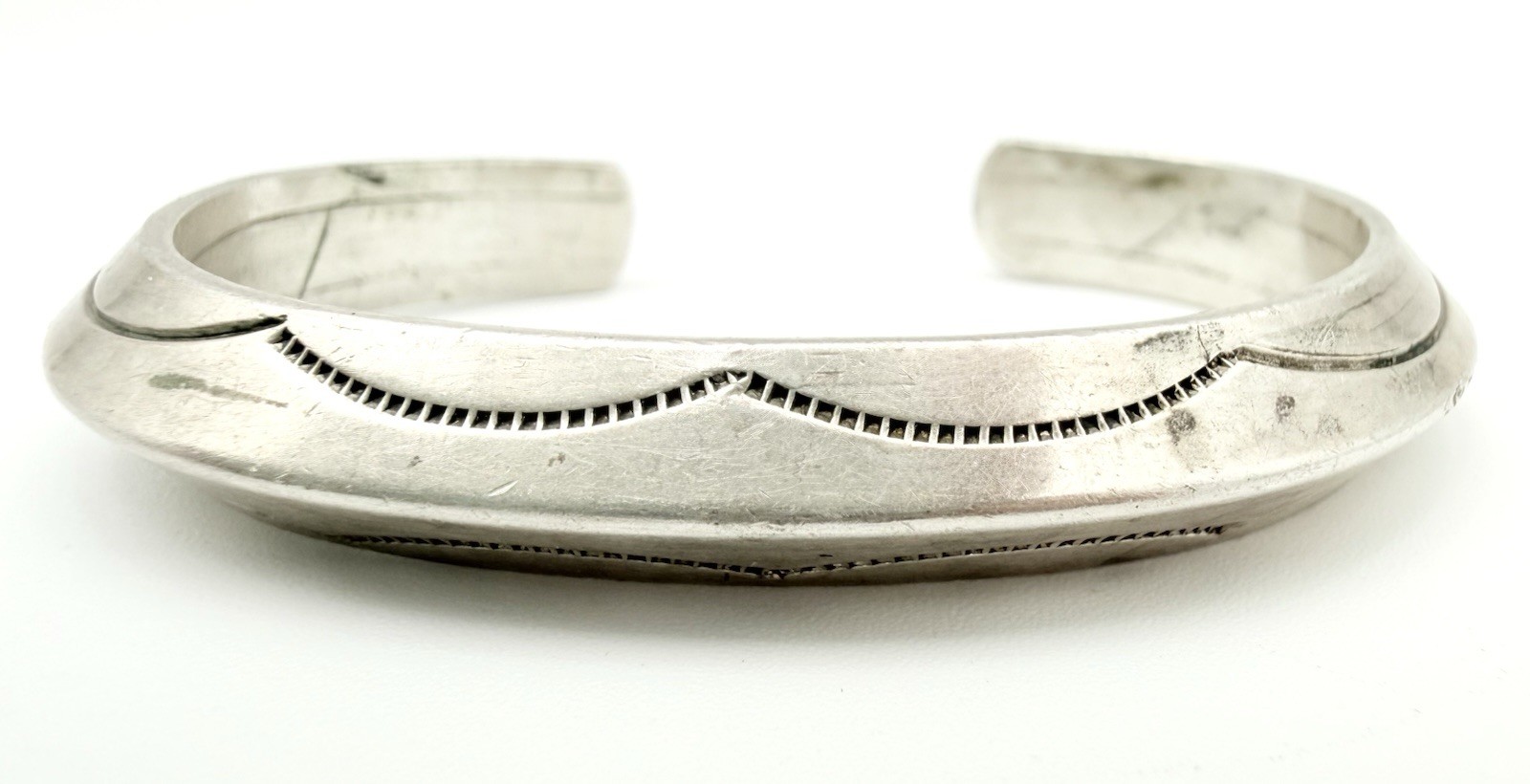 Vintage Navajo Tahe Heavy Sterling Silver Cuff Stamped Bracelet