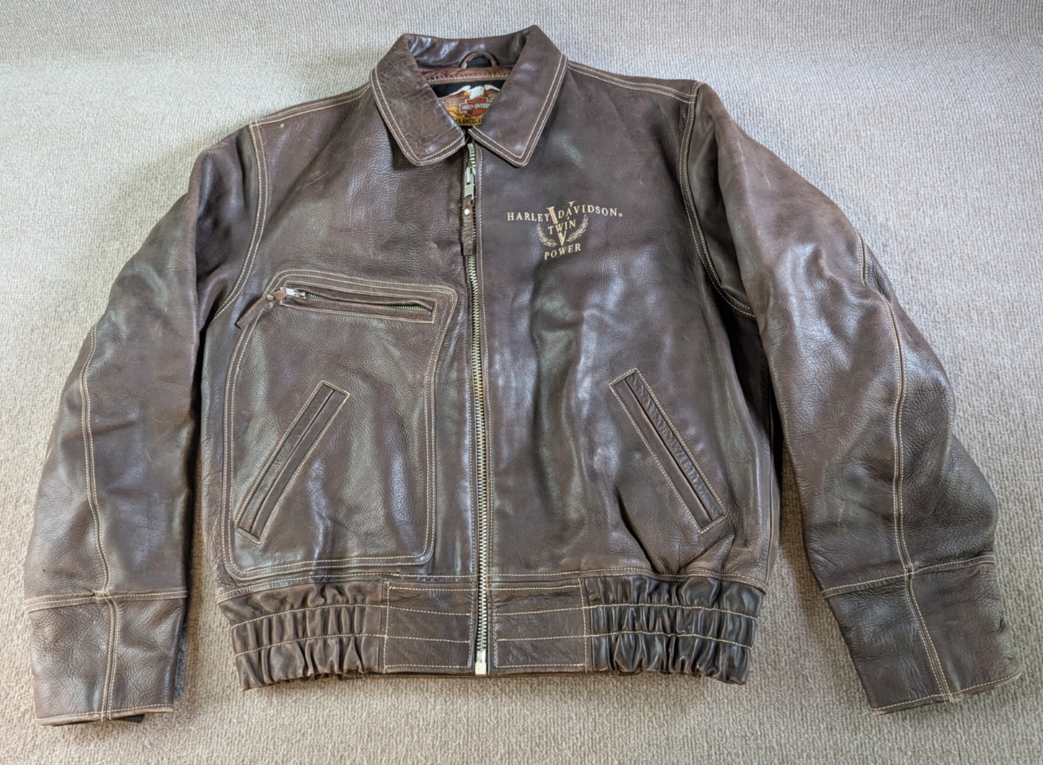Harley Davidson Mens L Twin V Power Billings Brown Leather Jacket Distressed Harley Davidson Mens L Twin V Power Billings Brown Leather Jacket Distressed
