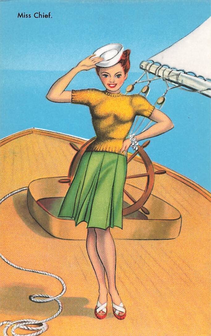 Postcard Miss Chief Risque Woman Navy White Hat
