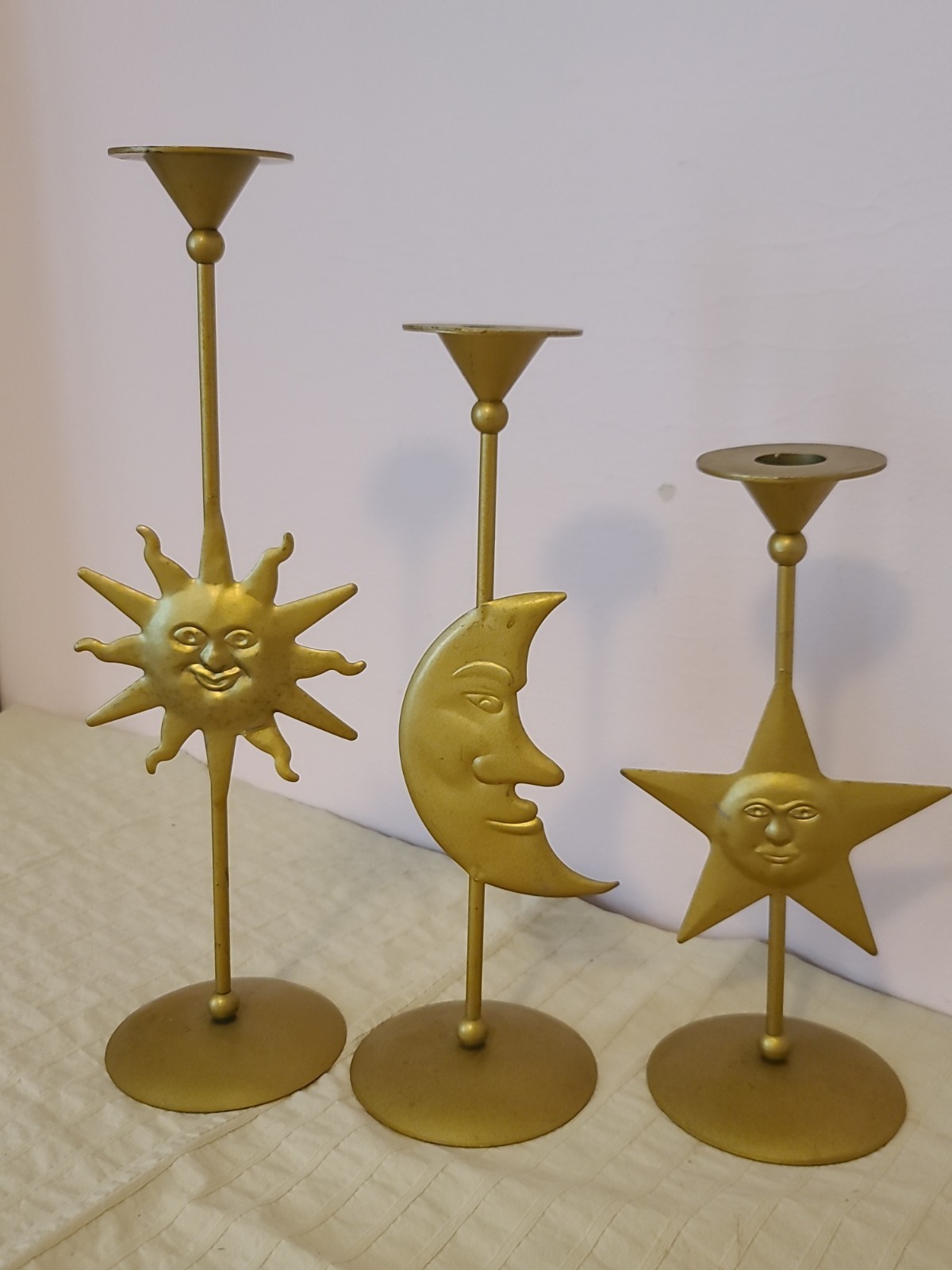 Set 3 Vintage Celestial Metal Taper Candle Holders Star Moon Sun Boho Astrology