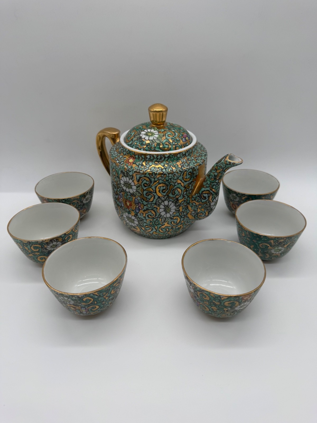 Vintage A.C.F. Japanese Porcelain Tea Set of 7 Green Floral Enamel