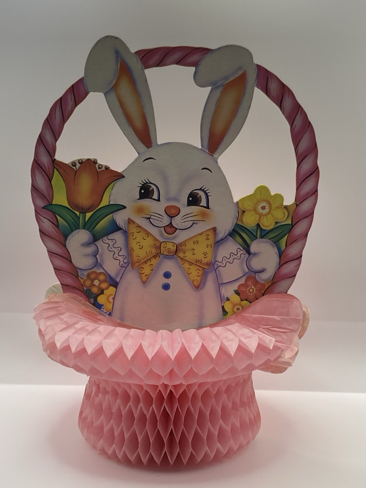VTG ~Honeycomb Easter Decoration Centerpiece Easter Rabbit Bunny In Pink Basket VTG ~Honeycomb Easter Decoration Centerpiece Easter Rabbit Bunny In Pink Basket