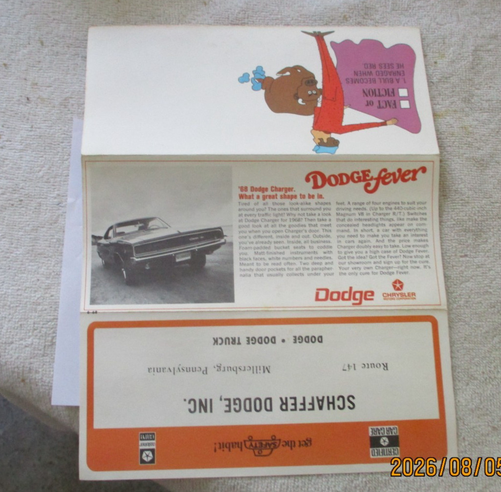 NOS 1968 DODGE CHARGER DEALERSHIP PROMOTIONAL HANDOUT; DODGE FEVER; CHRYSLER NOS 1968 DODGE CHARGER DEALERSHIP PROMOTIONAL HANDOUT; DODGE FEVER; CHRYSLER