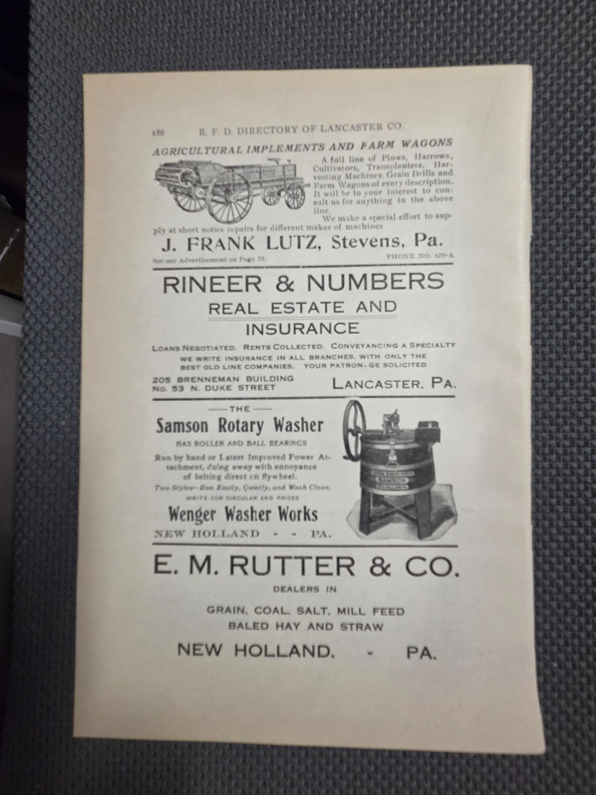 1909 LR Ads LUTZ Farm Wagons Stevens PA WENGER Washers New Holland PA E M RUTTER