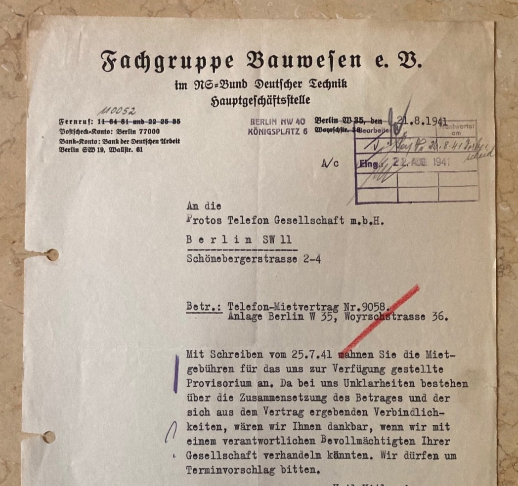 1941 WW2 Germany Business Letter Fachgruppe Bauwesen to Protos Telefon Berlin