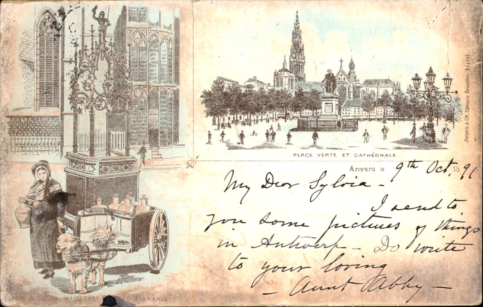 Antwerp Place Verte and Cathedral 1891 EARLY PIONEER Vintage Postcard bhn Antwerp Place Verte and Cathedral 1891 EARLY PIONEER Vintage Postcard bhn