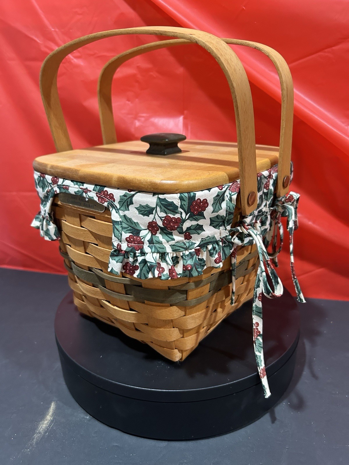 Longaberger 1995 Cranberry Basket 2 Handles Square Liner & Protector Pristine