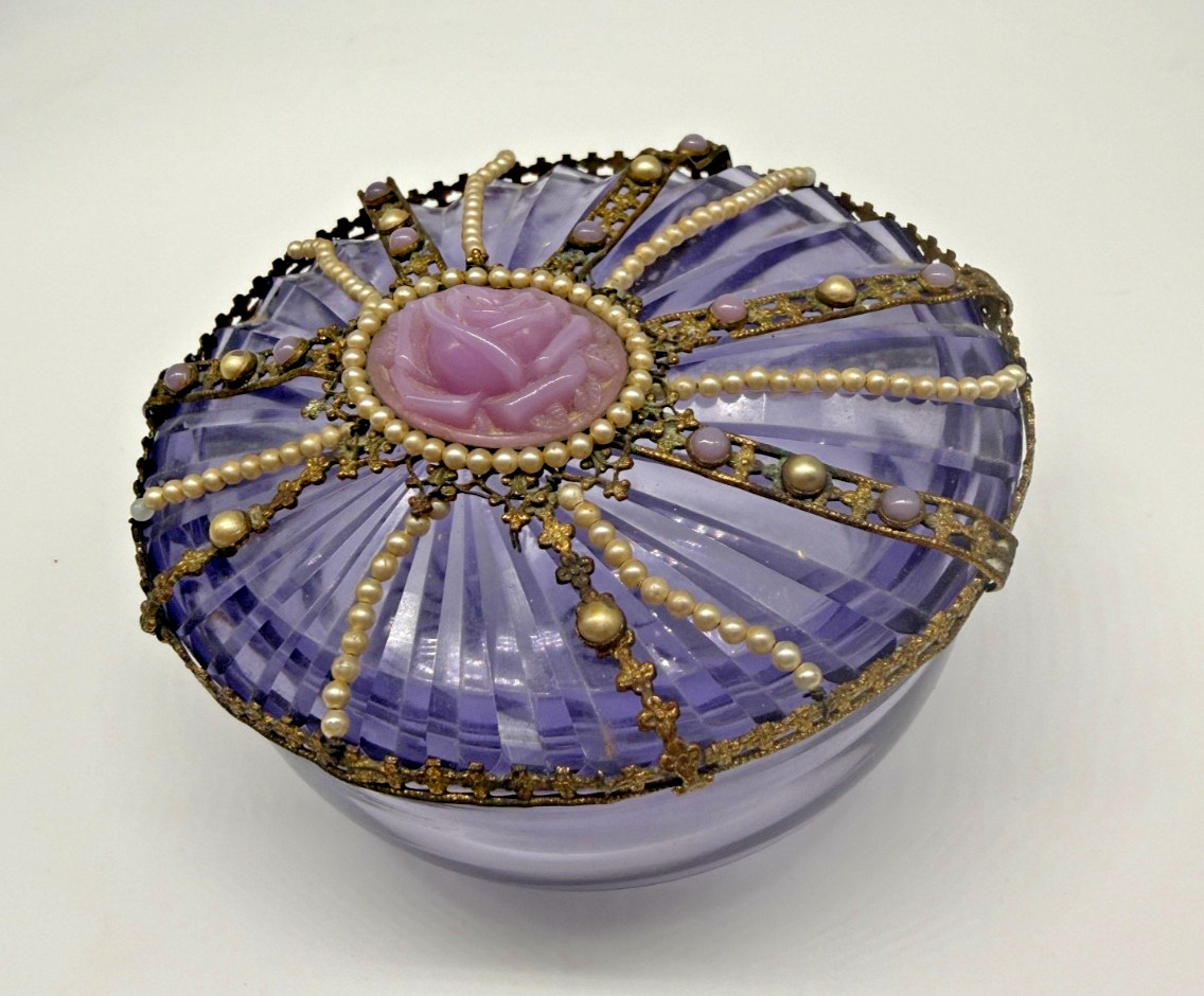 Vintage Art Nouveau Purple Glass Vanity Dresser Jar Jeweled Filigree Rose Lid Vintage Art Nouveau Purple Glass Vanity Dresser Jar Jeweled Filigree Rose Lid