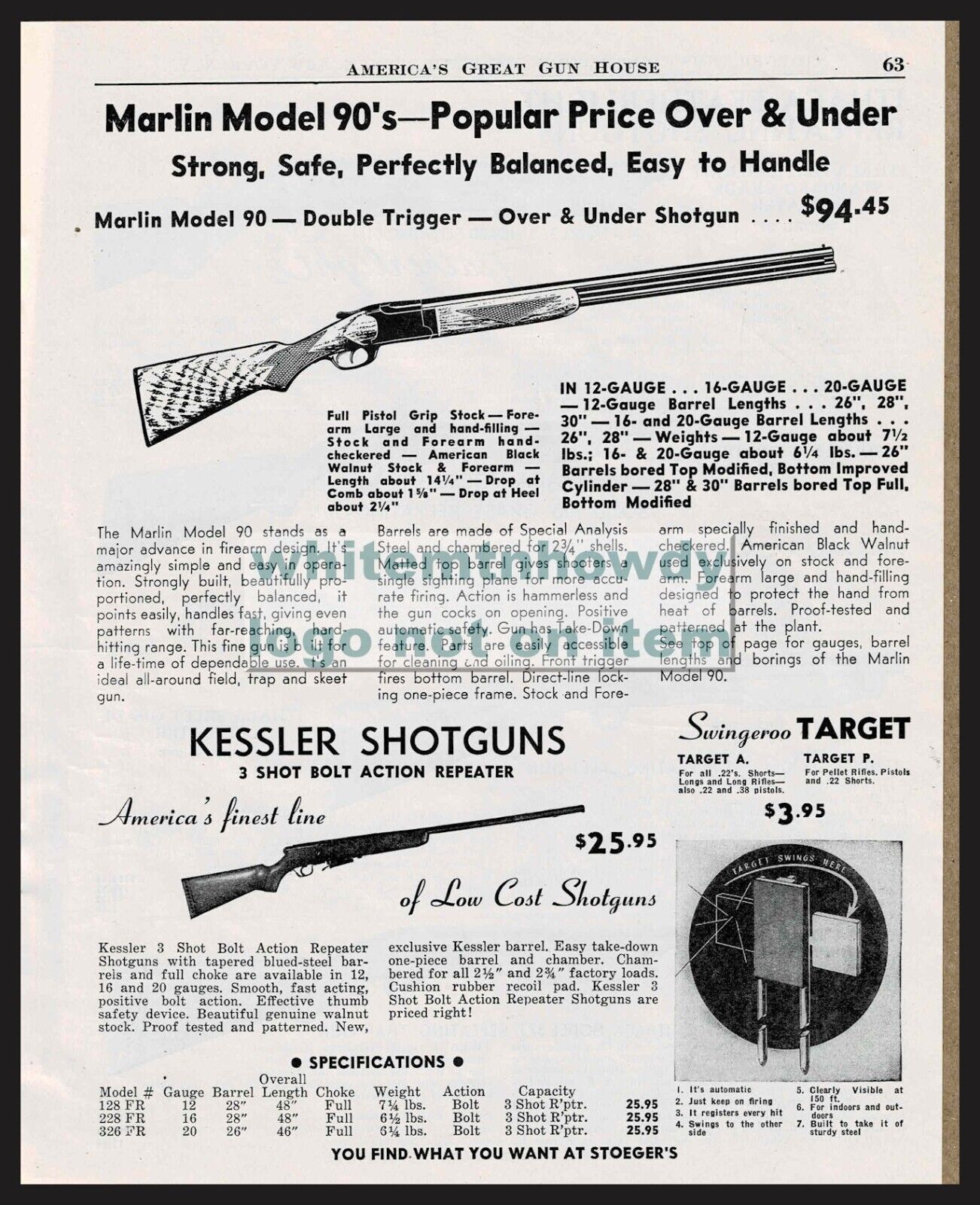 1952 MARLIN Model 90 Double Trigger Over Under KESSLER Repeating Shotgun AD