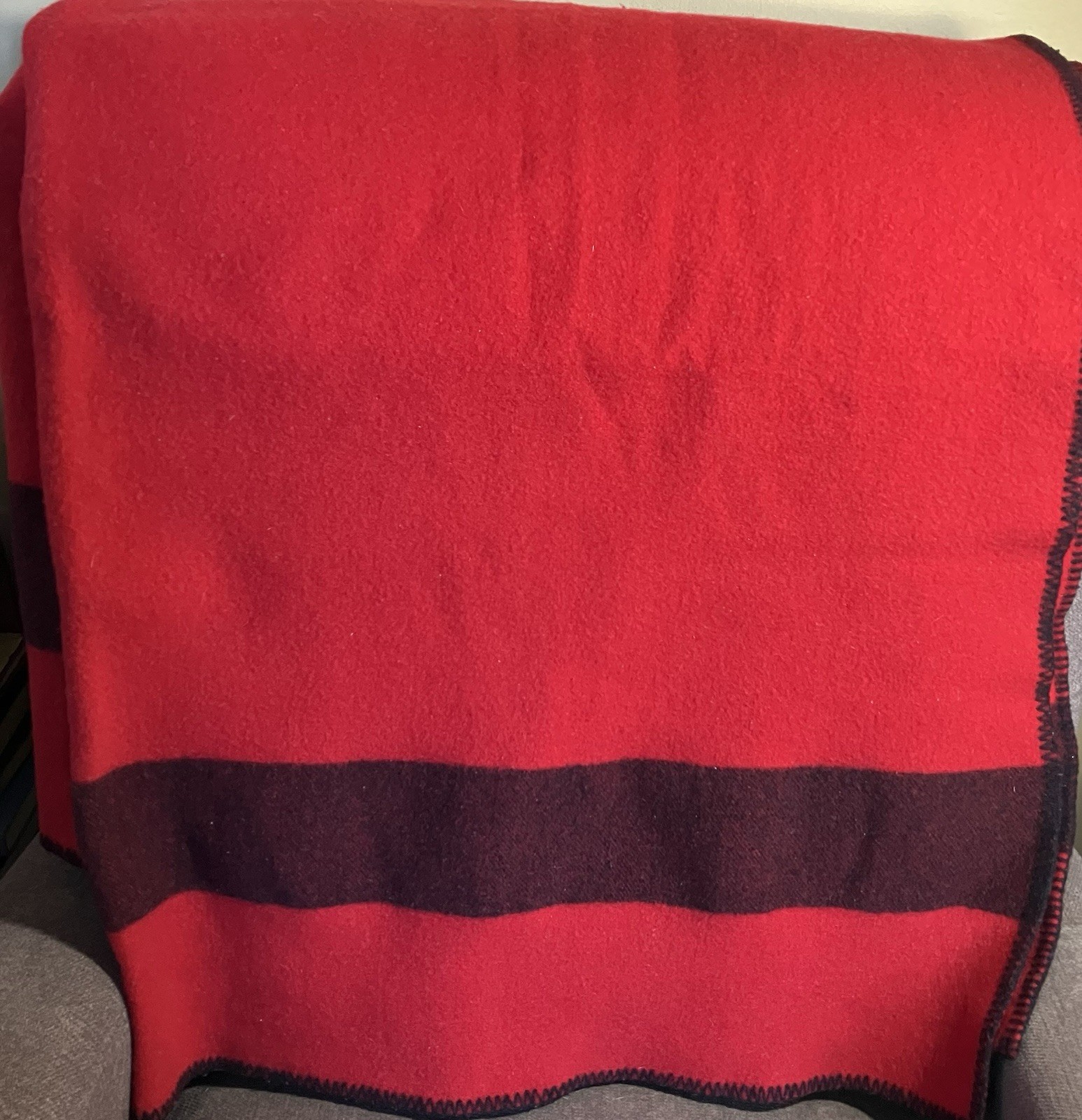 Vintage Red & Black Stripe Wool Blanket. Measures 52”x 60”