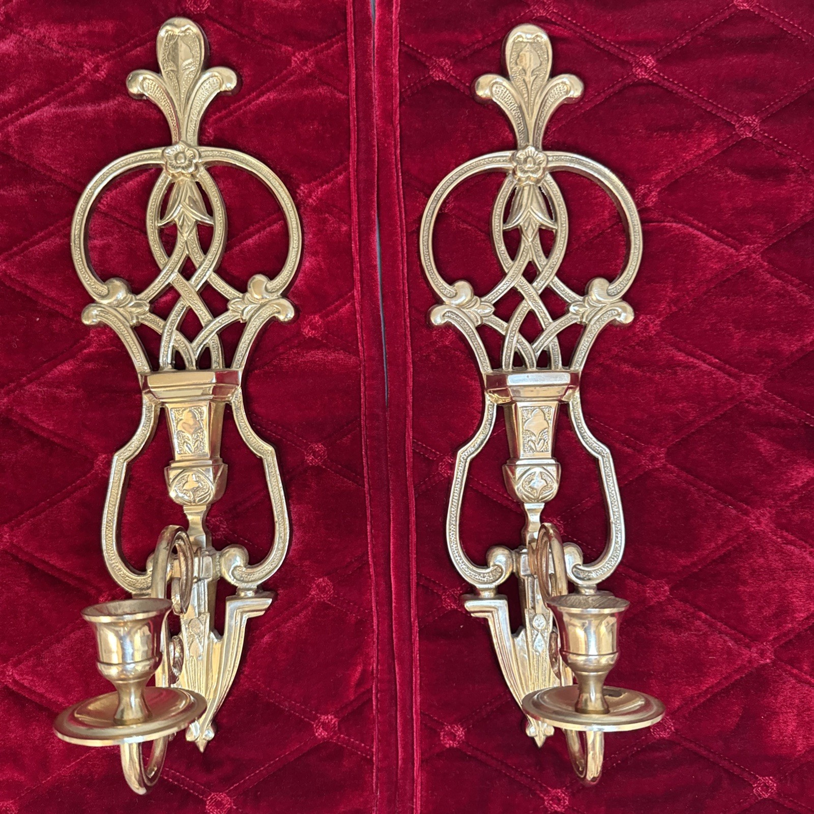 Vintage Pair of Solid Brass Art Style Fleur de lis Wall Candle Sconces 15 1/2\ Vintage Pair of Solid Brass Art Style Fleur de lis Wall Candle Sconces 15 1/2\