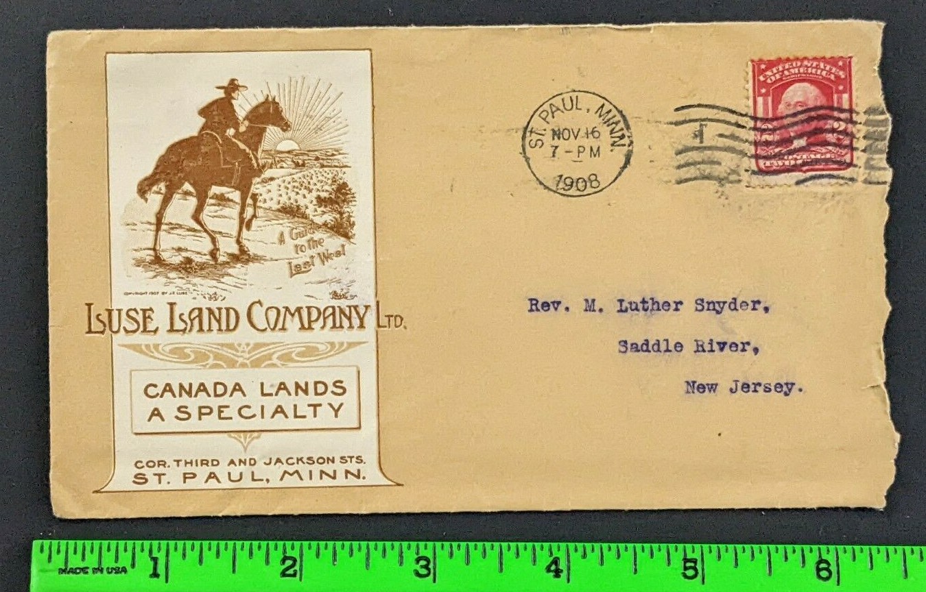 Vtg 1908 Luse Land Company St Paul Minnesota Cowboy Horse Graphic Envelope Vtg 1908 Luse Land Company St Paul Minnesota Cowboy Horse Graphic Envelope