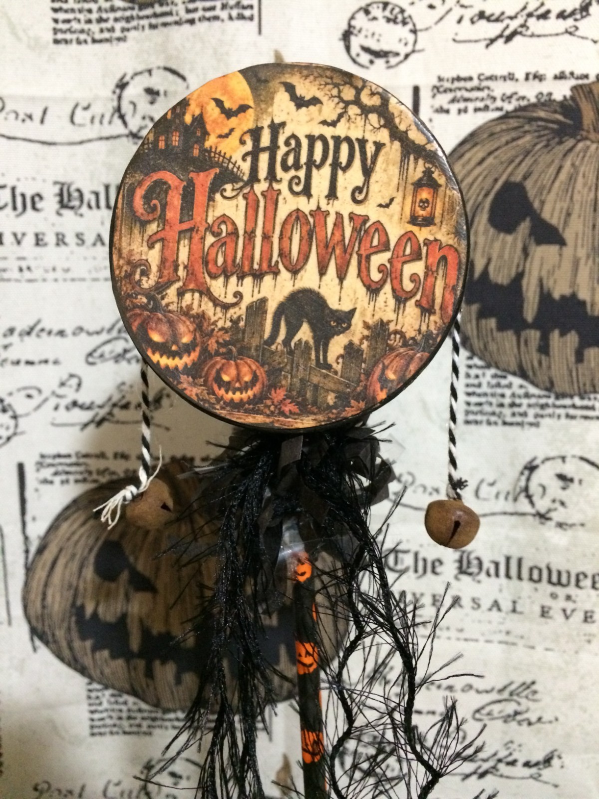 Handmade Vintage Style Halloween NOISEMAKER RATTLE - Cat Pumpkins Skull Bones